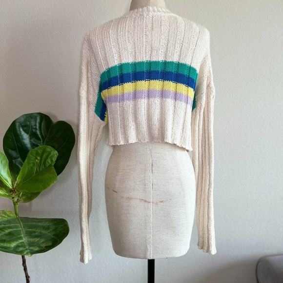Crop Knit Sweater Pullover Striped Drop Shoulder Long Sleeve - Picture 8 of 9